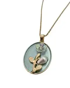 GAXRA Gold-Tone Oval Floral Pendant Necklace with Pearl Accent – Elegant Flower Charm Jewelry for Women