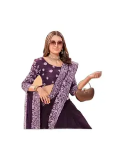 Women Georgette Embroidered Purple Saree with unstitched blouse piece (Embroidery-6 Purple)