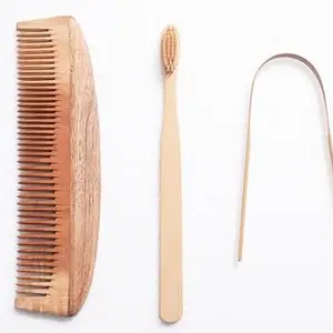 Natural Wooden Comb & Bamboo Toothbrush Set with Tough Cleaner | Eco-Friendly, Durable, Anti-Static, Biodegradable Hair Care & Oral Hygiene Essentials"