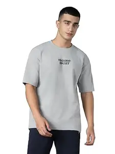 TECHNOSPORT Men Printed Oversized Round Neck T-Shirt with COTFLEX, Dry Fit Sports Tee, Oversized Activewear T-Shirt for Gym, Running, Sports & Casual Wear