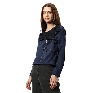 Campus Sutra Women's Navy Blue Regular Fit Biker Jacket For Winter Wear | Collar Neck | Full Sleeve | Zipper | Casual Jacket For Woman & Girl | Western Stylish Jacket For Women