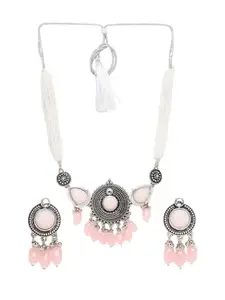 Adiva Latest Stylish Traditional Oxidised Stone Studded and Beaded Necklace with Earrings Jewellery Set for Women & Girls