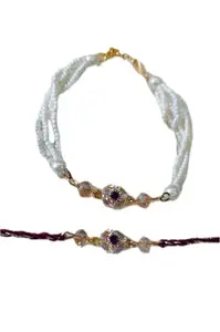 Designer Rakhi Set for Brother and Sister, Pearl Bracelet with Crystal Centrepiece, White and Maroon, 2 Pieces