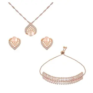 I Jewels Rose Gold Plated Cubic Zirconia American Diamond Long Chain Pendant Stud Earrings & Adjustable Combo Bracelate For Women/Girls (ADB463RG-CH50RG-CO)
