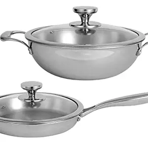 Nirlon Platinum Triply Stainless Steel 2Pcs Induction Friendly Cookware Combo Set (Fry Pan with Glass Lid 24 cm + Deep Kadhai with Glass Lid 22 cm|2.3 Liter) price in India.