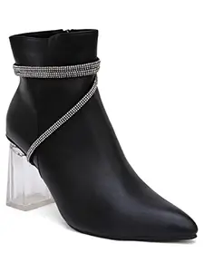 Shuz Touch Women Solid Embellished Transparent Smart Casual Block Heel Boots - Black | Size : 3