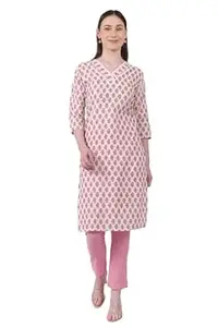 Women’s Cotton Kurti with Floral Block Print | V-Neck | 3/4 Sleeve Ethnic Top for Casual & Office Wear