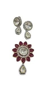 Sagun - Elegant Pearl Necklace with Ruby Crystal Floral Pendant, Multi-Strand White Pearl Beads, Gold-Plated Diamond Accent