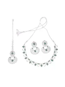 SWISNI Alloy Silver Necklace, Earring, Maang Tikka Beads Necklace Set For Women|For Girls|Gifting|Anniversary|Birthday|Girlfriend