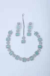 Miss India Women's Rhodium Plated Diamond Necklace and Maang Tikka Set (Mint Green)