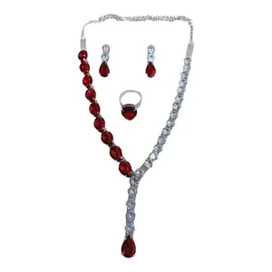Fashion Beach Korean glass stone drop line necklace with earrings & adjustable finger ring for girls and women (Red)