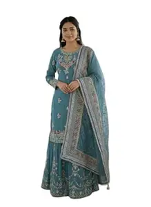 Orriva Womens Heavy Faux Georgette Full Sleeves Round Neck Kurti Featuring 5mm Embroidery Sequence with Palazzo and Dupatta Having Tassels 3 Piece Ethnic Wear