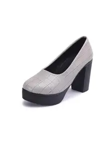 FASHIMO Women's Classic Textured Round-Toe Block Heels ? Elegant High Heels for Formal and Casual Wear Grey