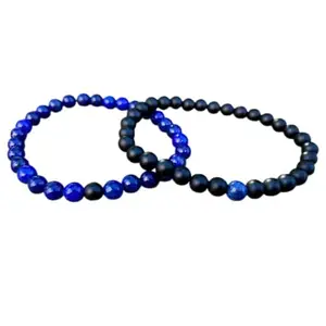 RRJEWELZ Lapis Lazuli & Black Agate 6mm Round Smooth beads Long Distance Couples Love Friendship Combo Bracelet Set - Couples Relationship 6 inch Stretchable Bracelets set|RR_CPBR_171_6