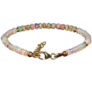 RRJEWELZ Ethiopian Opal Rondelle Beaded Bracelet – Smooth 3-3.5mm Multicolor Stones with Gold Lock – 7 Inch Adjustable link Bracelet for Men & Women|LCBR_RR_02722