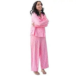 halfpeach Pink Bow Print Night Suit Set, Soft Cute Pajama Set for Women | Pink