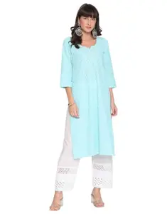 Women's Casual 3/4th Sleeve Chikan Embroidery Cotton Kurti (Sky Blue, 3XL)-PID48486