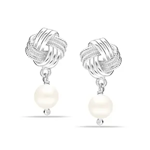 Amazon Brand - Nora Nico 925 Sterling Silver BIS Hallmarked Pearl Love Knot Drop Earrings for Women, Hypoallergenic Stud Earring for Women