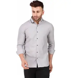 Men's Pure Cotton Full Sleeve Solid Pattern Casual Shirt (Grey, XL)-PID44212
