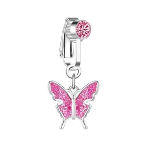 Via Mazzini No-Piercing Required Clip-On Style Pink Butterfly Crystal Belly Button Navel Ring For Women And Girls (BB0143) 1 Pc