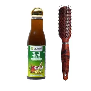 G Krishna Naturals Combo Pack of Wooden Small Paddle Brush & 3 in 1 Hair Oil for Women & Men | Durable Long Lasting Wood Kangi and Hair Oil for Natural Hair Growth (Pack of 1 Each)(GKNPC1-12)