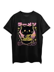 THREADCURRY Ramen Cat Oversized Drop Shoulder Cotton Loose Printed T-Shirt for Men Black