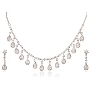 RATNAVALI JEWELS Jewellery Set American Diamond Silver Plated Traditional White Necklace Set with Earring for Women/Girls RV4142