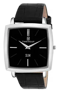 TIMEWEAR Men's Slim Series Two Hands Leather Strap Square Analog Watch (Black)