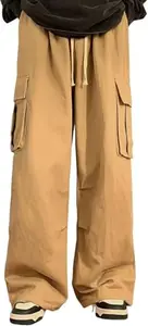 AREAL FASHION Men Wide Leg Cargo Pants, Drawstring Waist, Loose Fit, Casual Style (in, Numeric, 30, Regular, Beige)