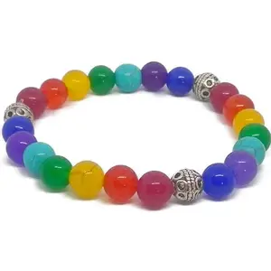 Nayra Handicrafts Rainbow Chakra Gemstone Beaded Bracelet, Multi-Color Glass Beads with Silver Accents
