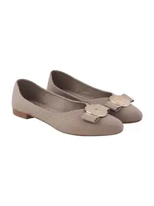 Shoetopia Women's Grey Ballet Flats – Textured Slip-On Bellies with Decorative Bow & Gold Button | Elegant Casual & Office EU40