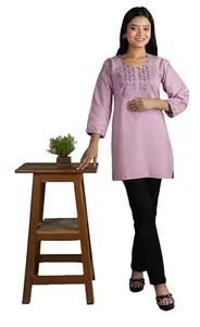 Women's Short Embroidered Kurta, Pink, Cotton Blend (in, Alpha, L, Purple)