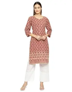 Women's Casual 3/4th Sleeve Chikan Embroidery Cotton Kurti (Maroon, 3XL)-PID48507