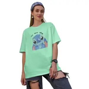 BROKE MEMERS Oversized We Love Stitch Disney Collection Cotton Graphic Print Drop Shoulder T-Shirt for Women and Men (S, Mint Green)