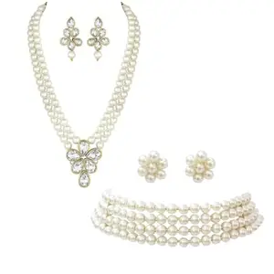 I Jewels Gold Plated Traditional Set of 2 Pearl Long & Choker Necklace Combo Jewellery Set For Women (ML311W-ML286W)
