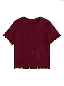 THE BLAZZE 1166 Women's Basic Sexy Crew Neck Half Sleeve Slim Fit Crop Top T-Shirt for Women (X-Large, Maroon)