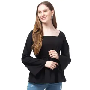 Women's Casual Square Neck Top, Western Stylish Bell Long Sleeves Solid Slim fit Top for Women & Girl's