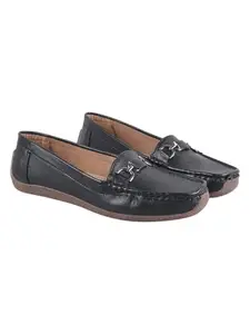 Shoetopia Women's Black Loafers Slip-On Comfortable Casual Flats | Soft Sole Driving Shoes with Metal Buckle | Lightweight Daily Footwear Moccasins EU41