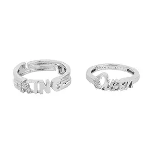 la belleza King and Queen Initial Beautiful Crystal Ring Set for Men and Women(Pack of 2, Silver)
