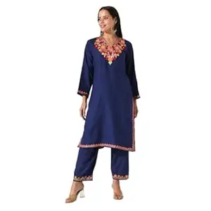 BATIN Kashmiri Aari Embroidered Kurti with Bottom Pant, Cotton Kurti with Pant Set, Womens Coord Set