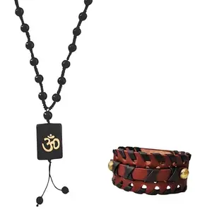 M Men Style Religious Lord Shiv Om Pendant Mala With Men's Biker Leather Bracelet - Handcrafted Vintage Black Braided Cuff with Metal Studs | Punk Rock Wristband for Men SCom202531