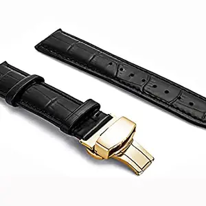 Ewatchaccessories 19mm Genuine Leather Watch Band Strap Fits 9050 94510 Black Deployment Golden Buckle