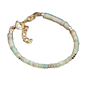 LKBEADS Gold Plated Bracelet with Multicolor Smooth Ethiopian Opal Beads – Rondelle 3.5mm – 7 inch Adjustable – For Men & Women|LK_STACK_02668