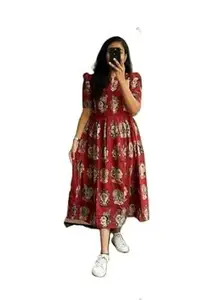 Women's Midi Dress, Red Floral Print, Puff Sleeves, A-Line Fit and Flare Style
