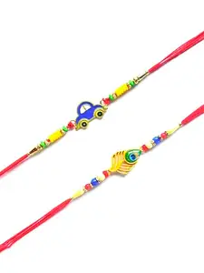 Decorative Rakhi Set of 2, Blue Car and Peacock Feather Design, Multicoloured Beads with Red Thread