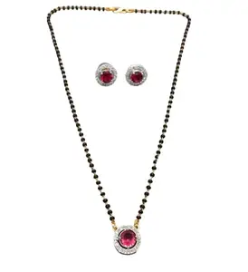Femmibella Gold Plated Black Beaded Magenta AD Stone Mangalsutra With Earrings