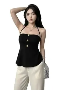 TIVANTE Solid Halter Neck Peplum Top for Women with Button Detail | Sleeveless Crop top for Women | Korean top