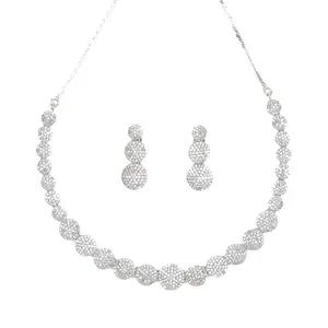 CZ Rhinestone Necklace and Earrings Set, Silver-Toned, Graduated Circular Design, Wedding Jewellery