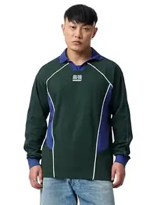 The Souled Store: Pacific Pine Warrior Men and Boys Long Sleeve Spread Collar Dark Green and Blue Colour-Blocked Embroidered Cotton Oversized Breathable Lightweight Polos