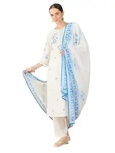 INDO ERA Women's Cotton Blend Printed Straight Kurta & Pant With Dupatta Set (IERAI11070)